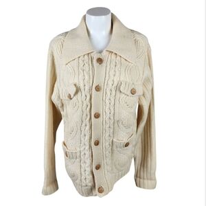 Vintage 70s Cable Knit Fisherman Grampa Cardigan Cream Size Large Scandi Poet